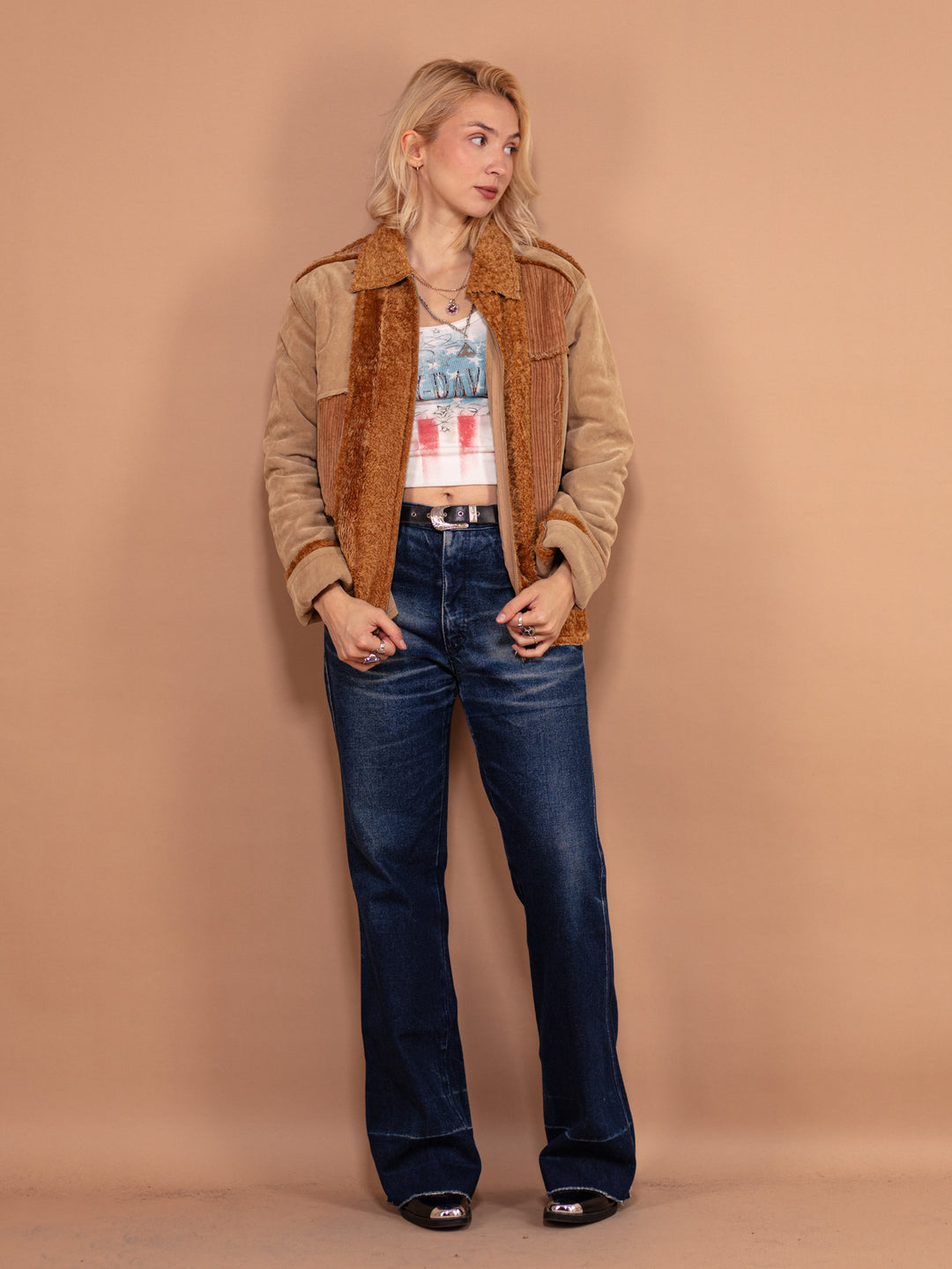 Vintage 00's Women Faux Suede Jacket in Beige - NorthernGrip