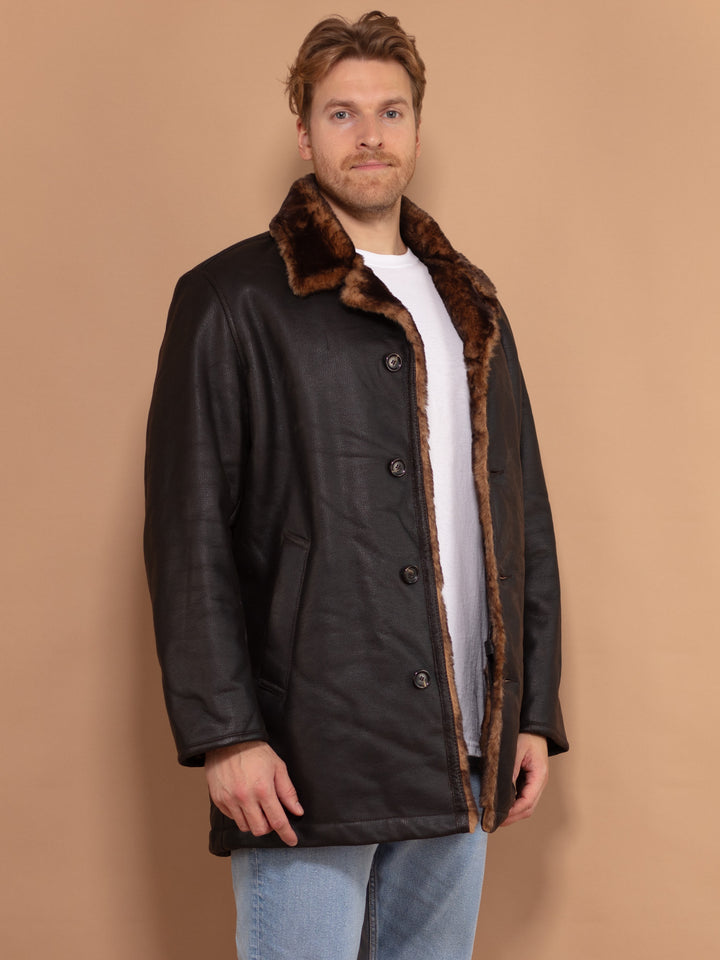 Vintage 00's Men Faux Leather Shearling Coat in Black - NorthernGrip