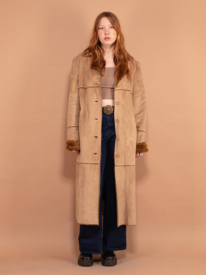 Vintage 00's Women Faux Sheepskin Maxi Coat in Beige - NorthernGrip