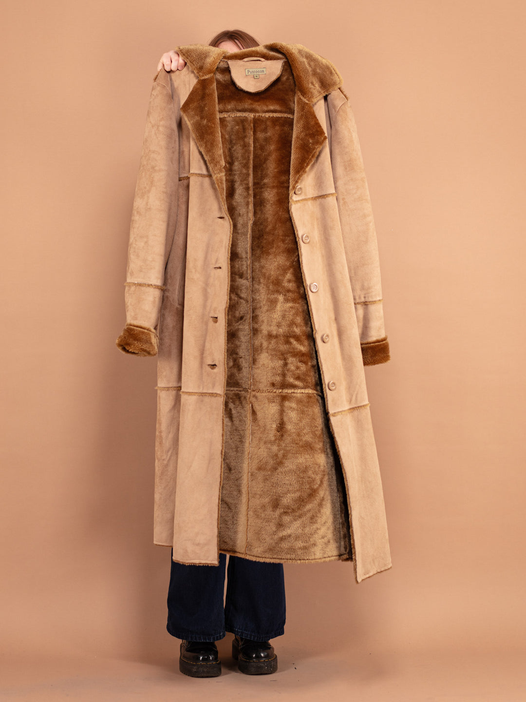 Vintage 00's Women Faux Sheepskin Maxi Coat in Beige - NorthernGrip