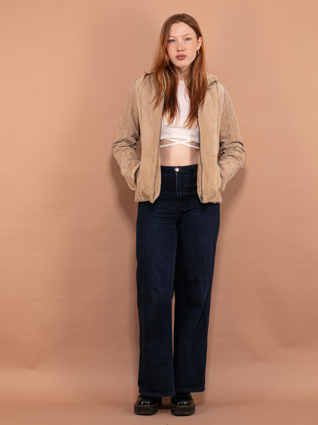 Vintage 00's Women Suede Sherpa Jacket in Beige - NorthernGrip