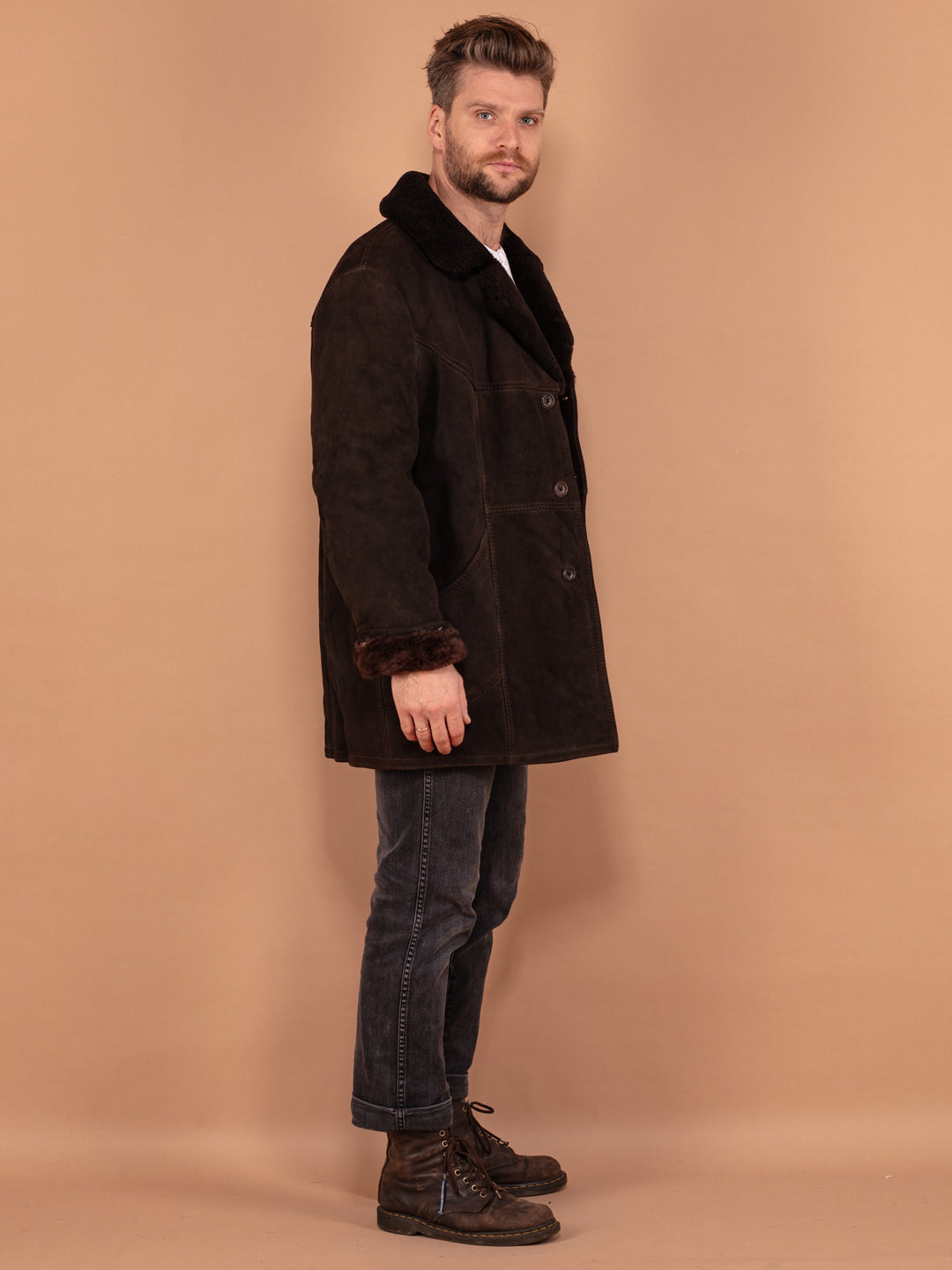 Vintage 70's Men Sheepskin Coat in Dark Brown - NorthernGrip