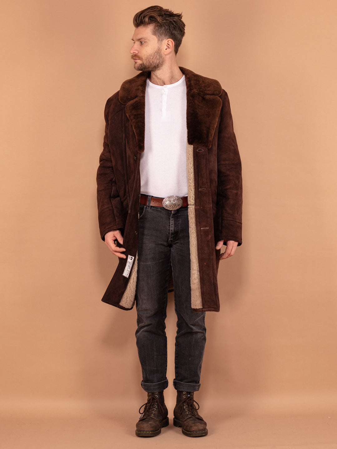 Vintage 70's Men Sheepskin Long Coat in Brown - NorthernGrip