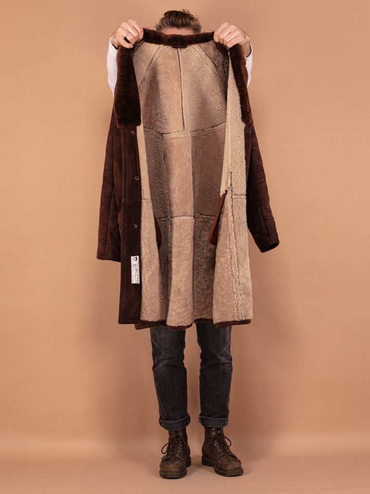 Vintage 70's Men Sheepskin Long Coat in Brown - NorthernGrip
