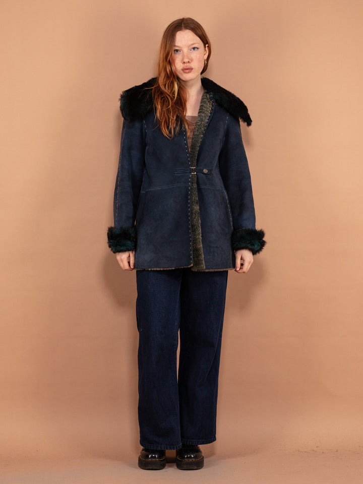 Vintage 70's Women Sheepskin Shearling Coat in Blue - NorthernGrip