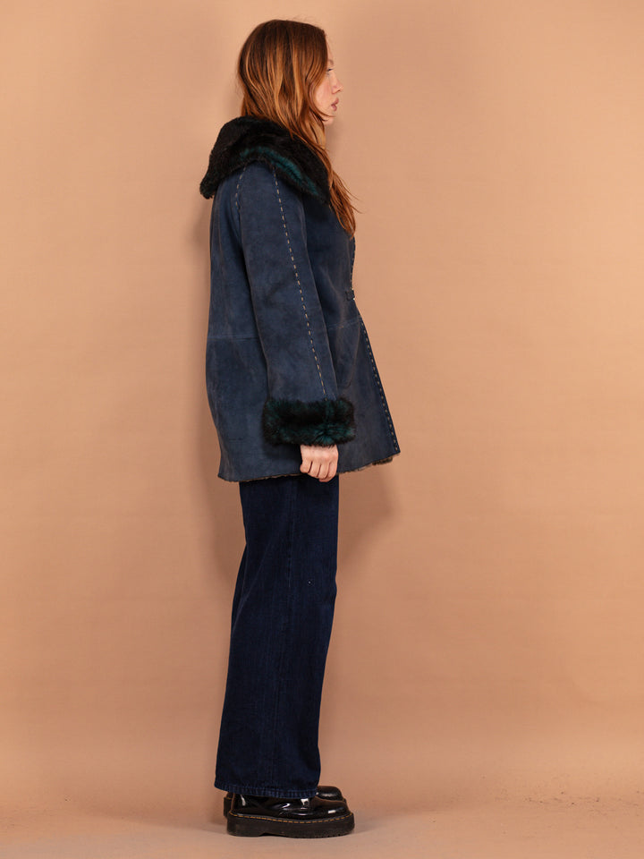 Vintage 70's Women Sheepskin Shearling Coat in Blue - NorthernGrip