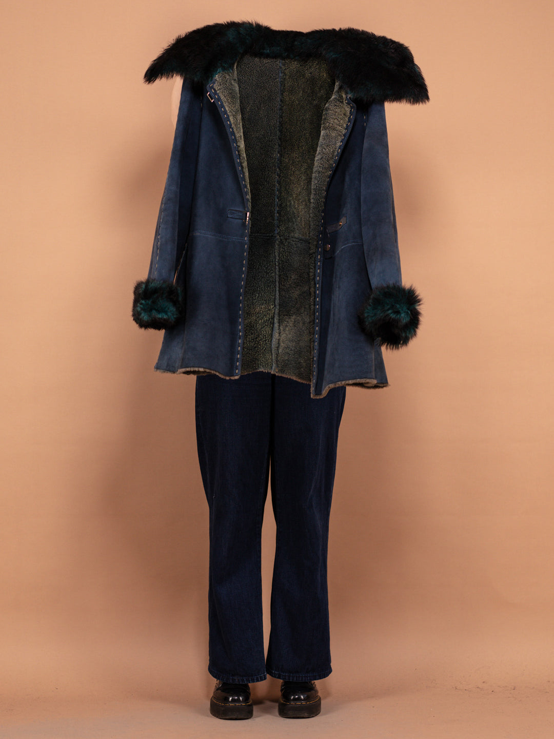 Vintage 70's Women Sheepskin Shearling Coat in Blue - NorthernGrip