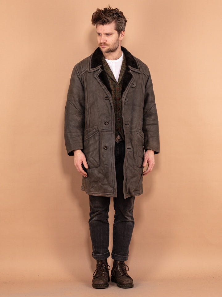 Vintage 80's Men Sheepskin Leather Coat in Gray - NorthernGrip