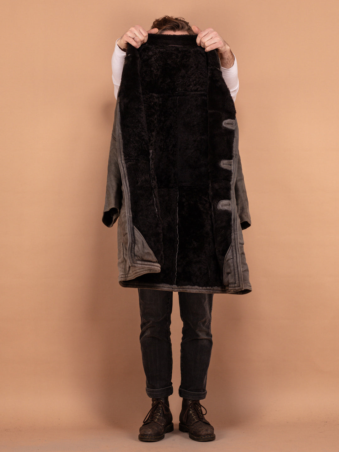 Vintage 80's Men Sheepskin Leather Coat in Gray - NorthernGrip