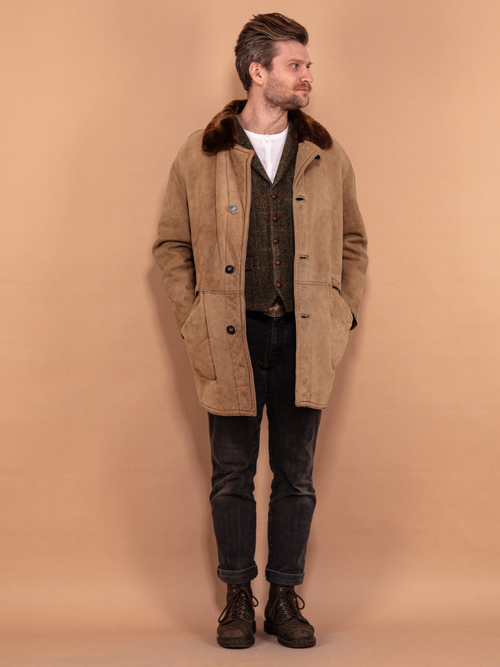 Vintage 80's Men Worn In Sheepskin Coat in Beige - NorthernGrip