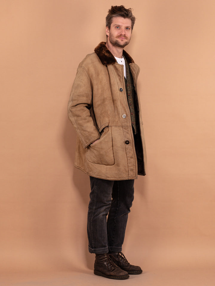 Vintage 80's Men Worn In Sheepskin Coat in Beige - NorthernGrip