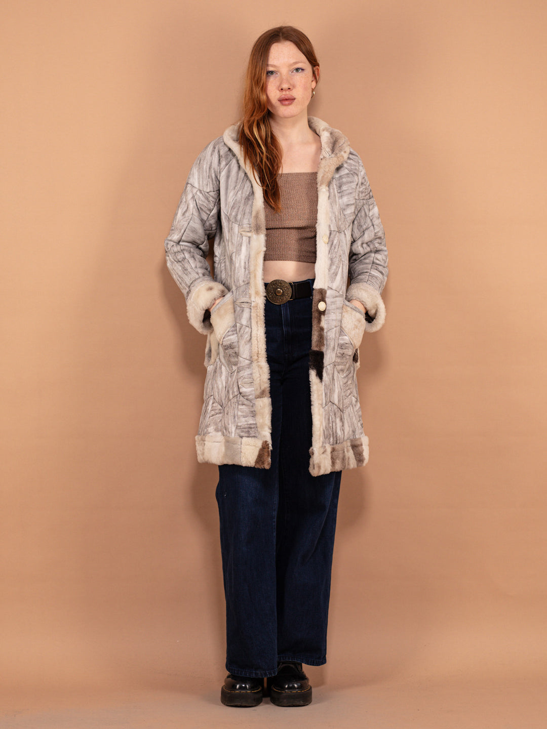 Vintage 80's Women Patchwork Sheepskin Coat in Beige - NorthernGrip