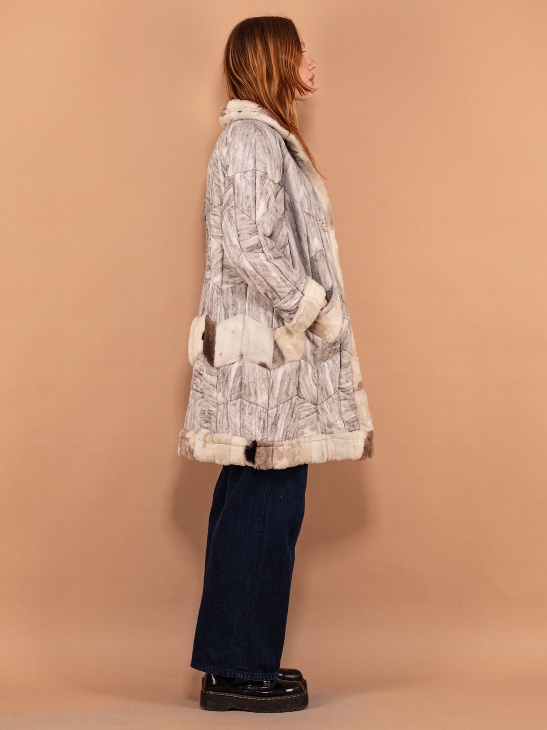Vintage 80's Women Patchwork Sheepskin Coat in Beige - NorthernGrip