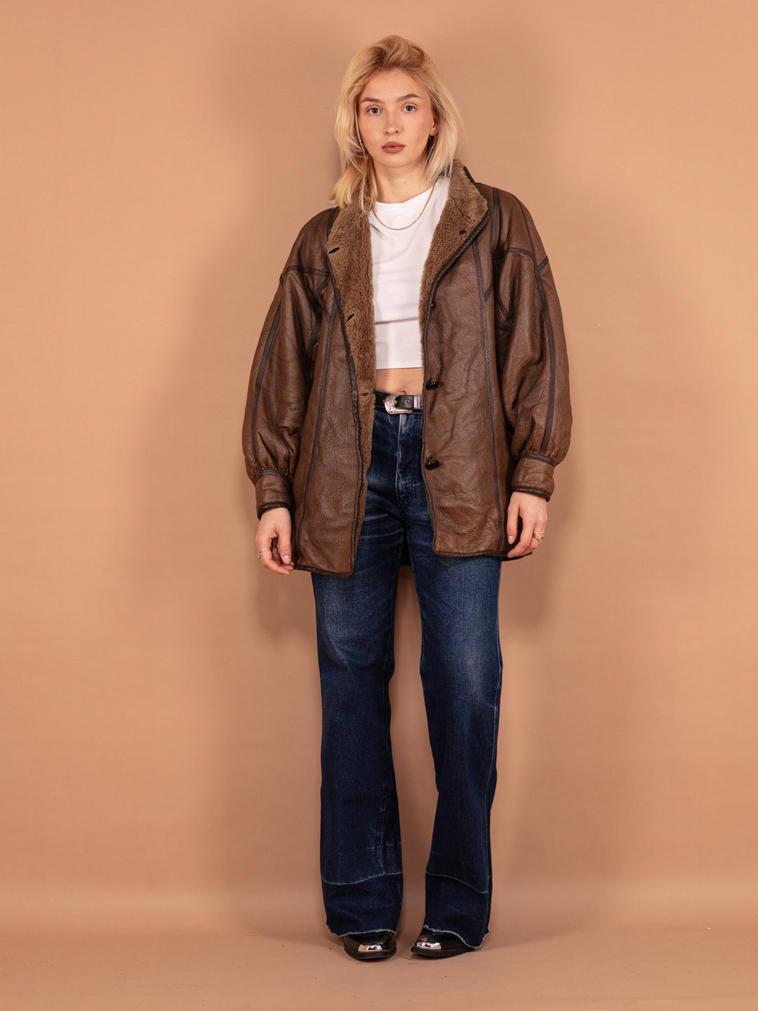 Vintage 80's Women Sheepskin Coat in Brown - NorthernGrip