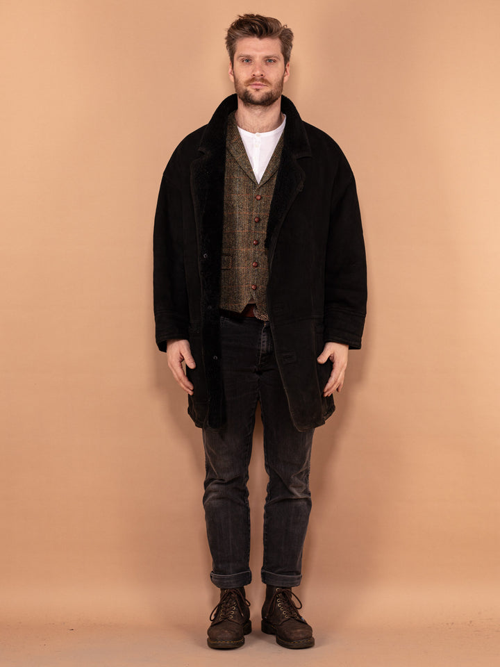 Vintage 90's Men Sheepskin Shearling Coat in Black - NorthernGrip