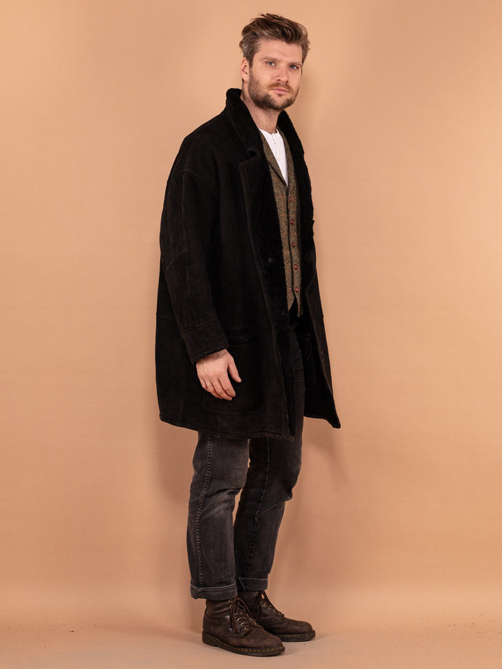 Vintage 90's Men Sheepskin Shearling Coat in Black - NorthernGrip