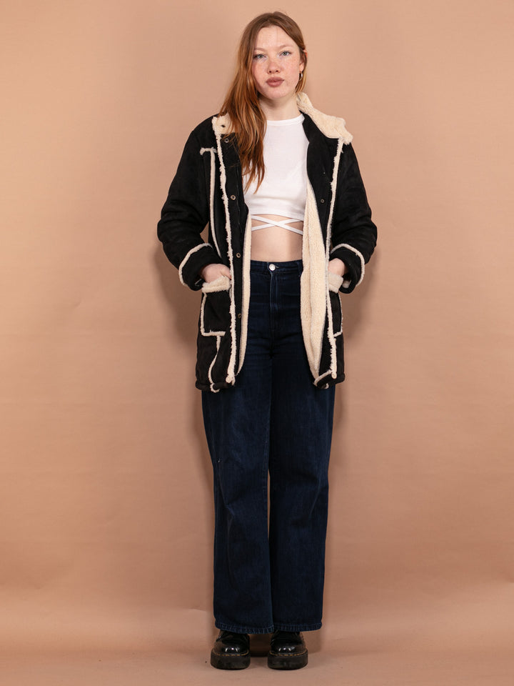 Vintage 90's Women Faux Sheepskin Coat in Black - NorthernGrip