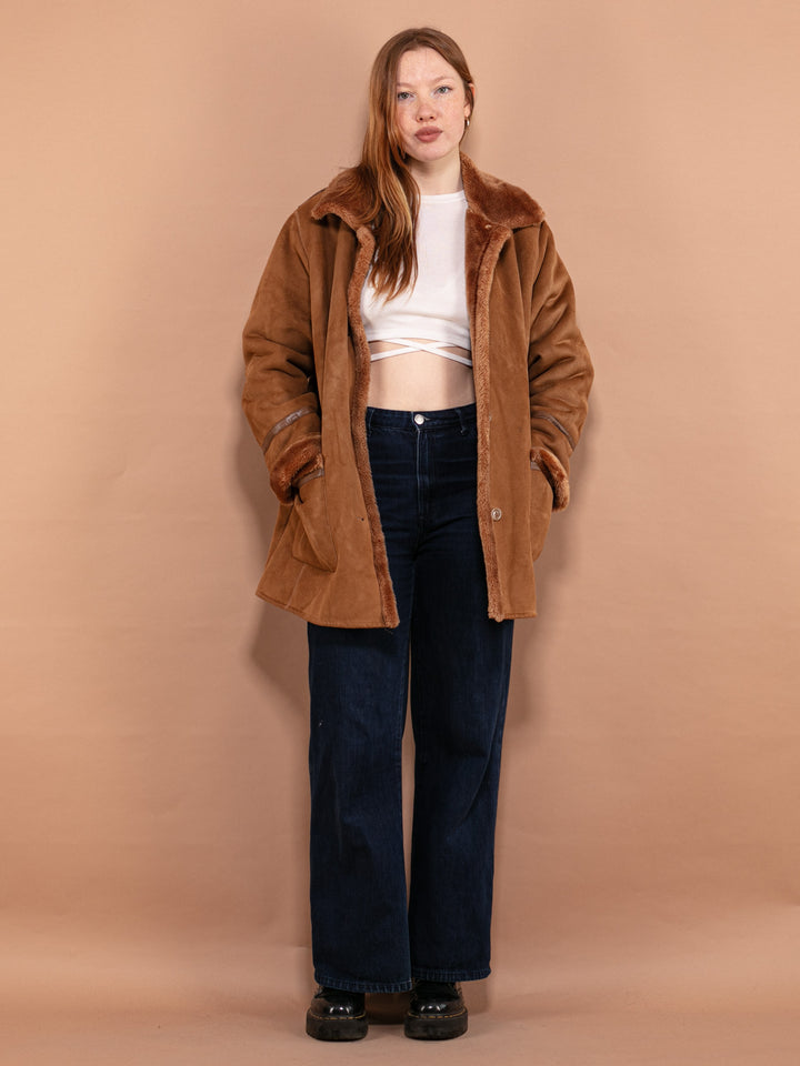 Vintage 90's Women Faux Sheepskin Coat in Brown - NorthernGrip