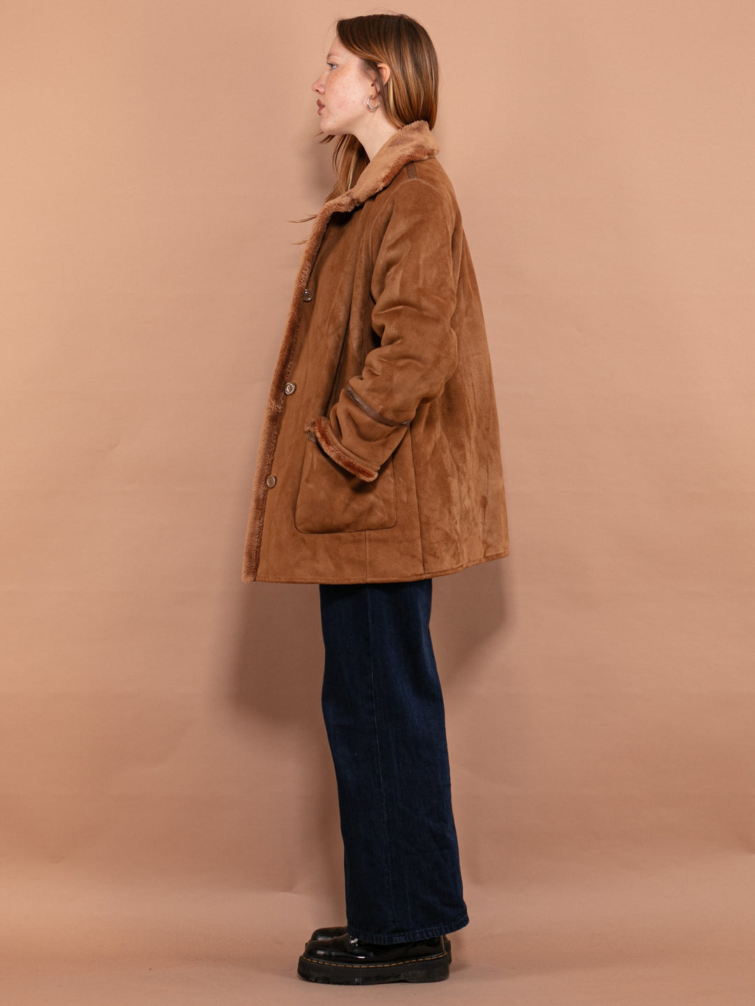 Vintage 90's Women Faux Sheepskin Coat in Brown - NorthernGrip