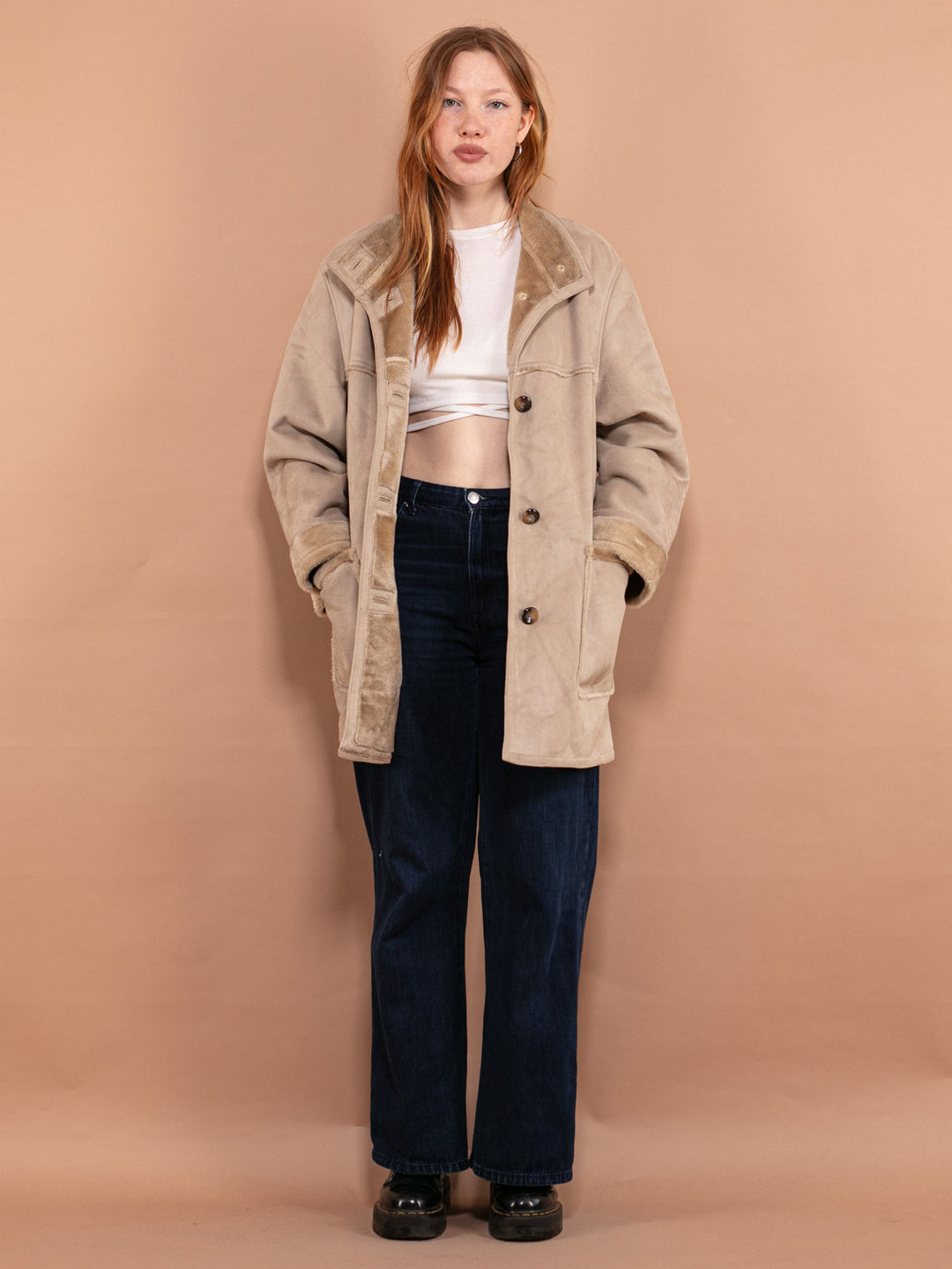Vintage 90's Women Faux Sheepskin Coat in Beige - NorthernGrip