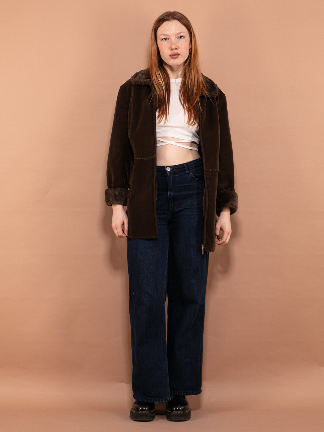 Vintage 90's Women Faux Sheepskin Coat in Moss Brown - NorthernGrip
