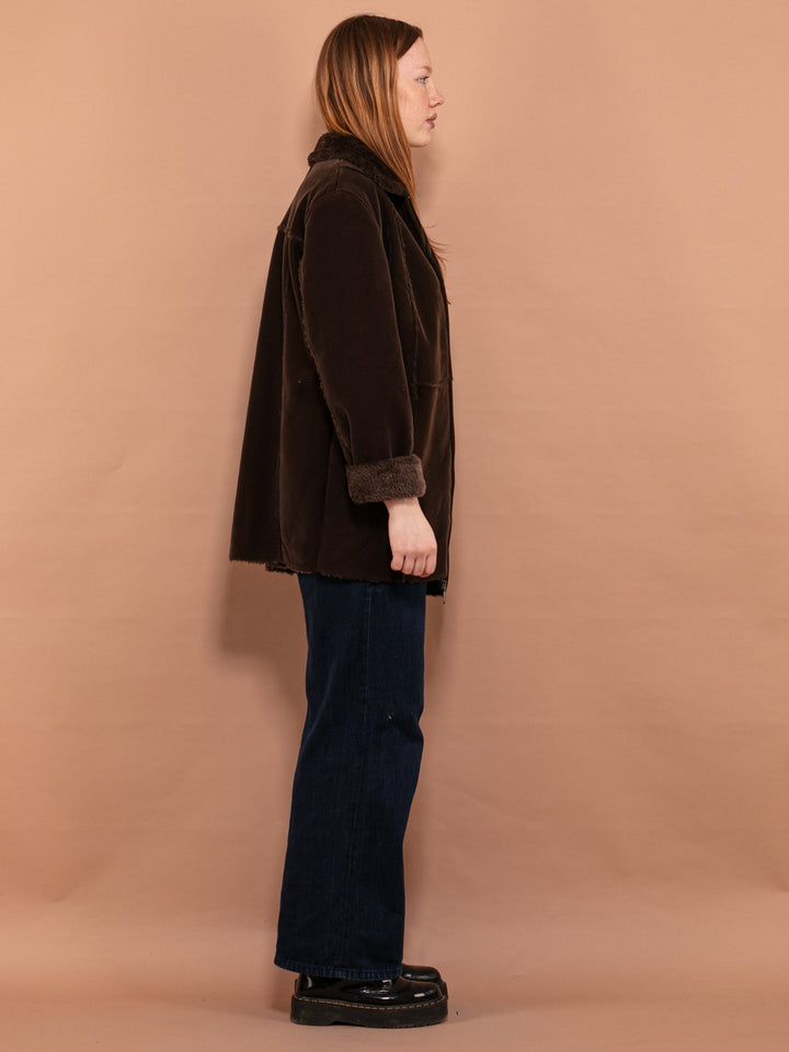 Vintage 90's Women Faux Sheepskin Coat in Moss Brown - NorthernGrip
