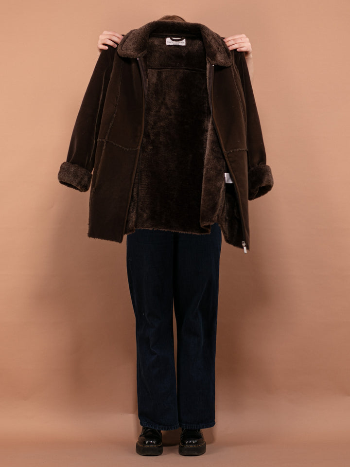 Vintage 90's Women Faux Sheepskin Coat in Moss Brown - NorthernGrip