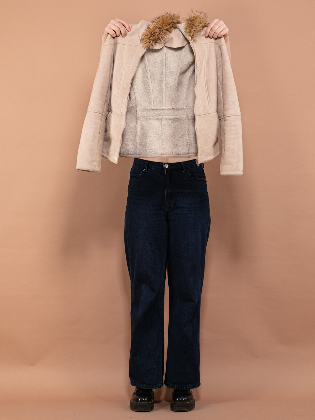 Vintage 90's Women Faux Sheepskin Jacket in Beige - NorthernGrip