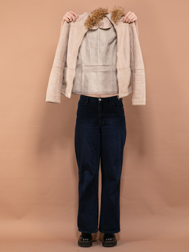 Vintage 90's Women Faux Sheepskin Jacket in Beige - NorthernGrip