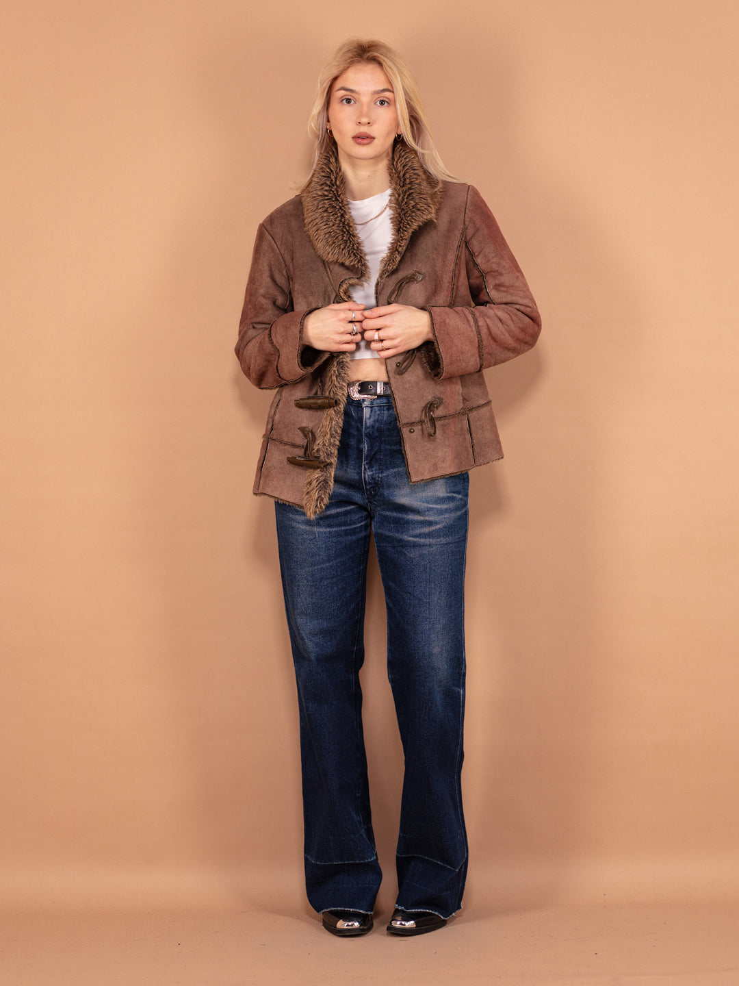 Vintage 90's Women Faux Sheepskin Jacket in Brown - NorthernGrip