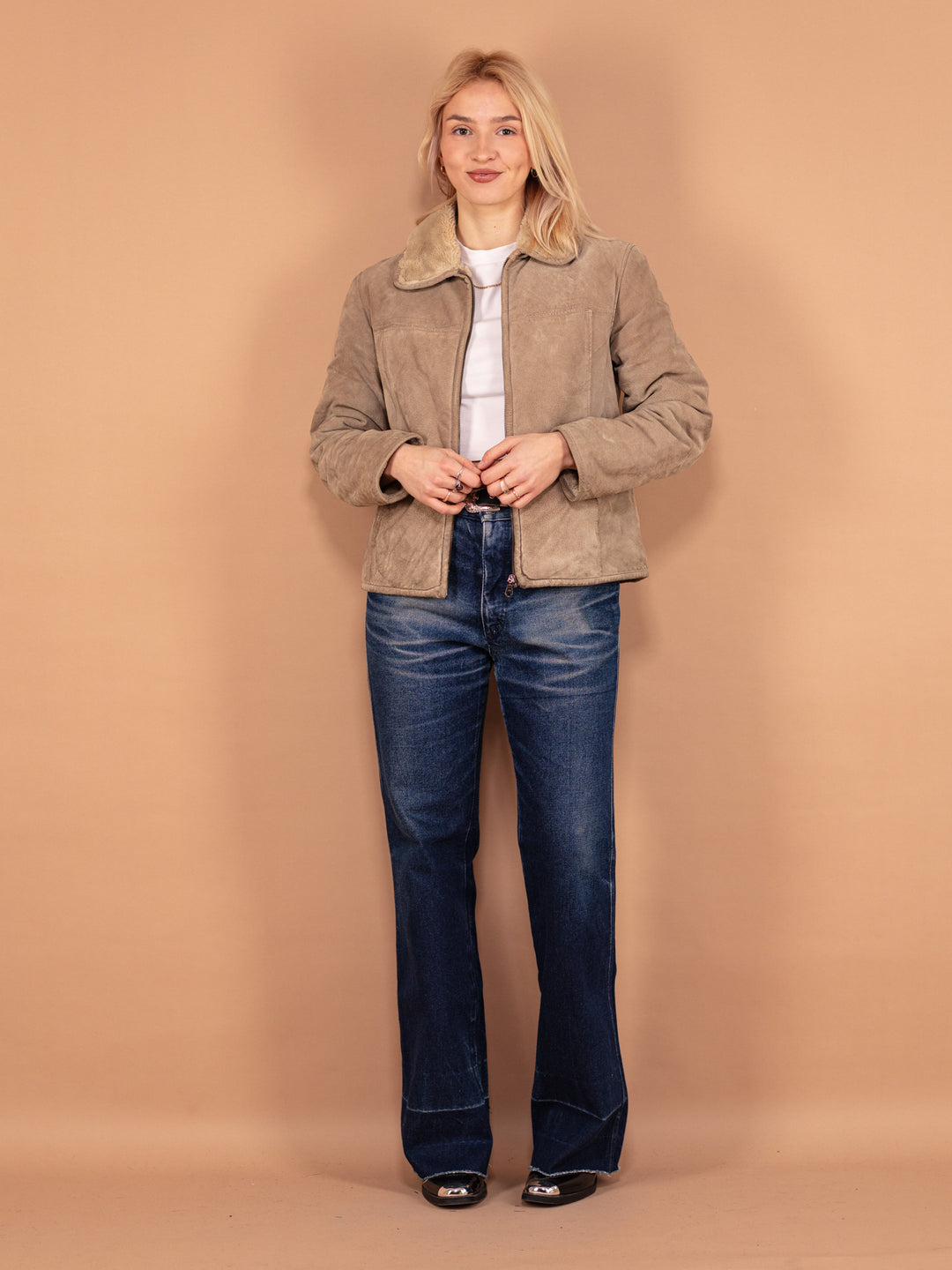 Vintage 00's Women Suede Sherpa Jacket in Beige - NorthernGrip