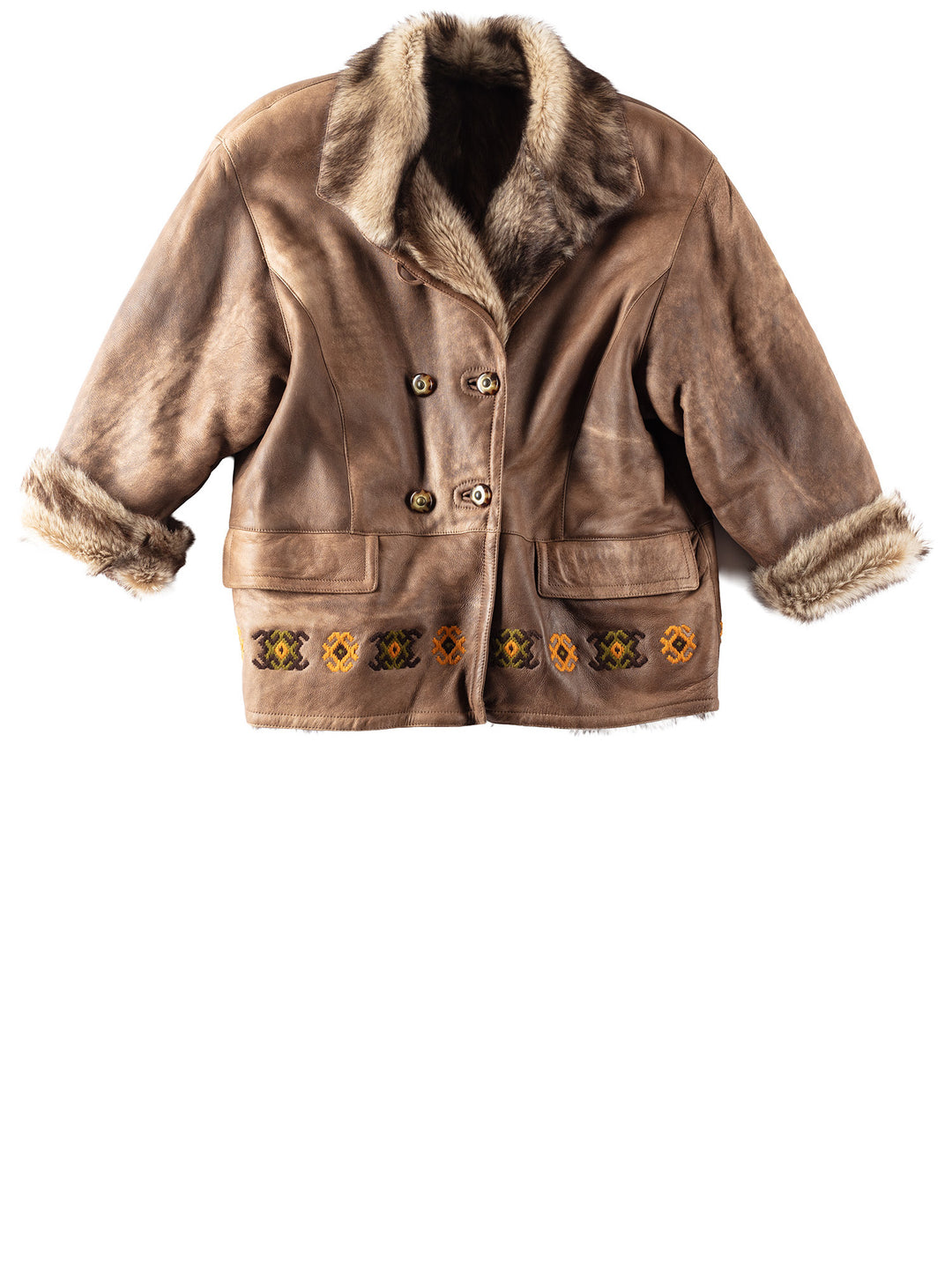 Vintage 80's Women Sheepskin Shearling Coat with Embroidery, made in Italy