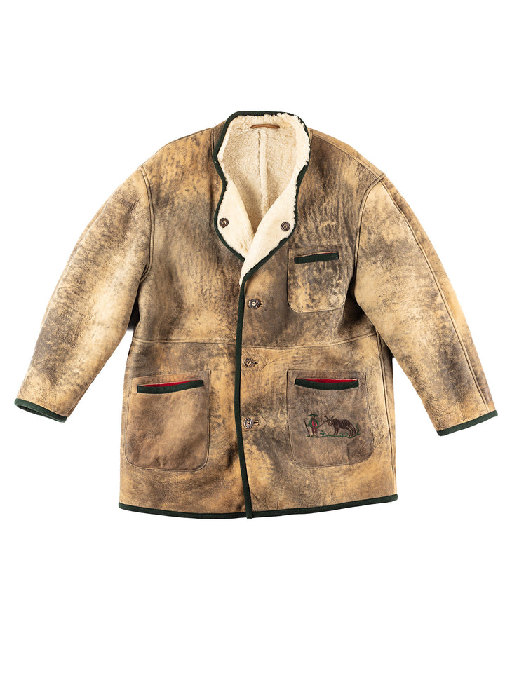 Vintage 80's Men Sheepskin Coat in Khaki