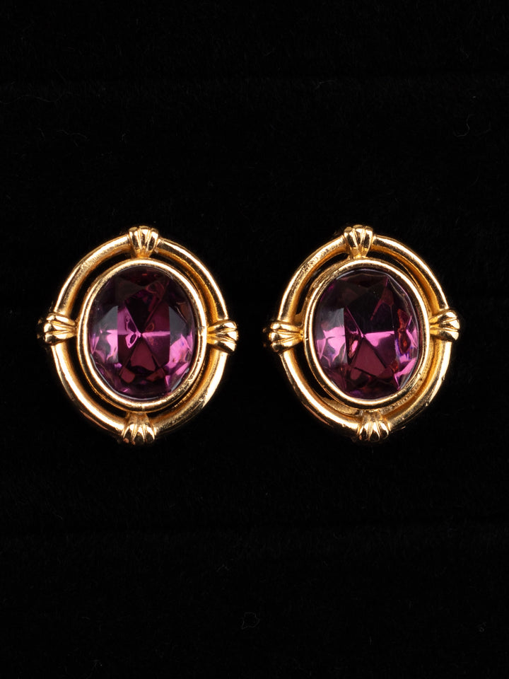 Vintage 80s Gold Tone Earrings with Purple Glass Stones