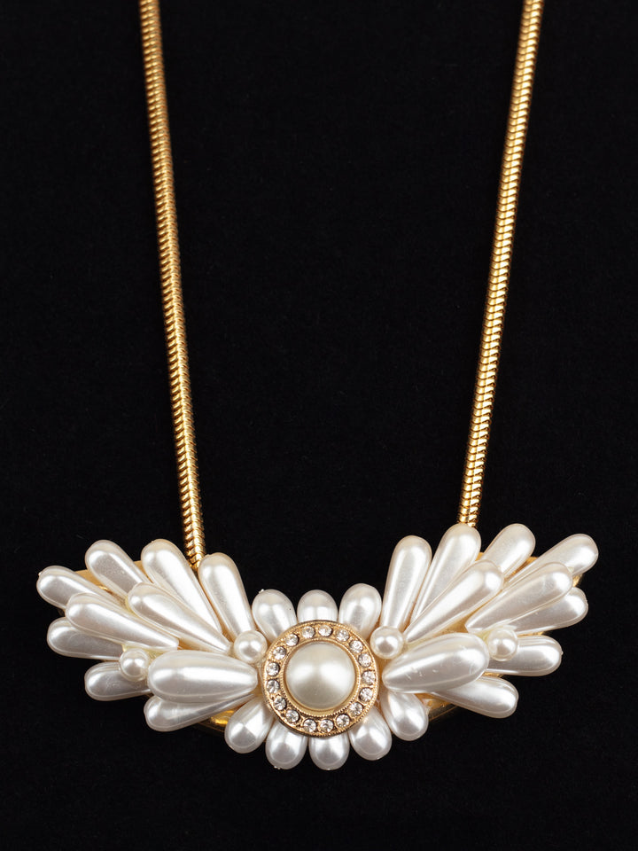 Vintage Faux Pearl and Rhinestone Statement Necklace with Floral Cluster Pendant