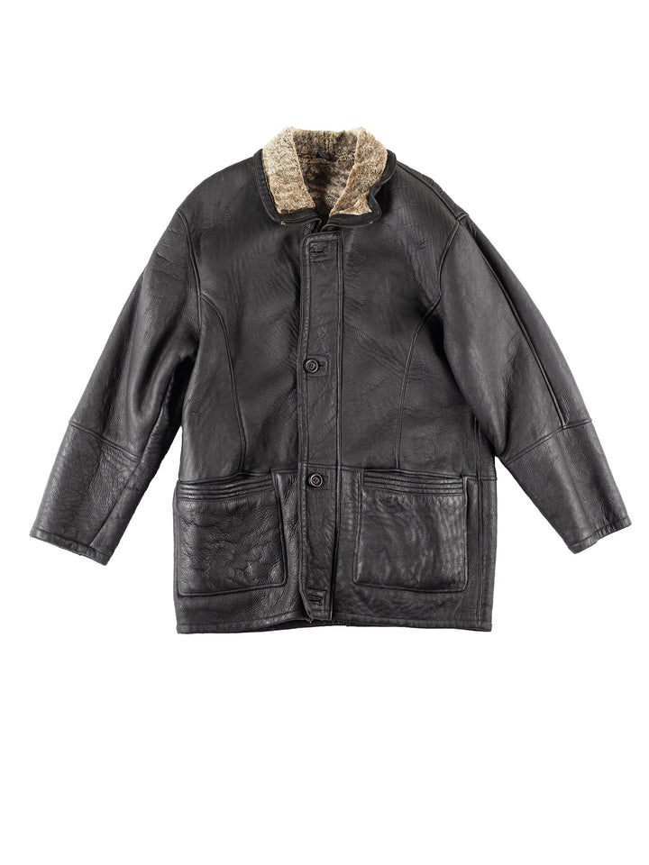 Vintage 80's Men Sheepskin Coat in Black