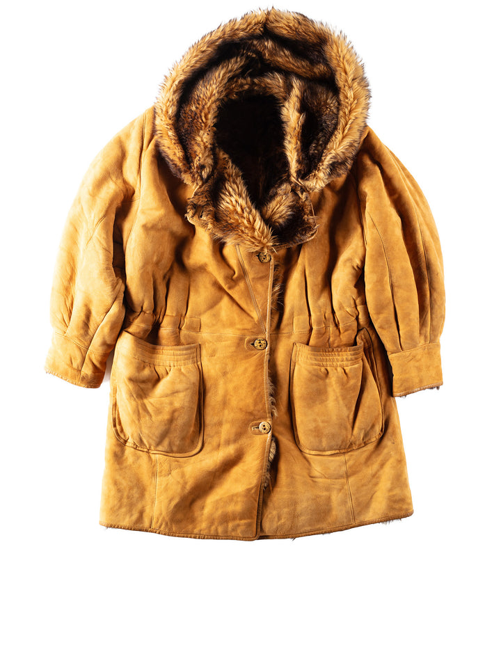 Vintage 80's Women Faux Sheepskin Coat with Hood