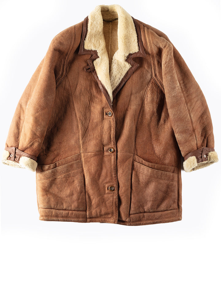 Vintage 80's Women Sheepskin Shearling Coat in Brown