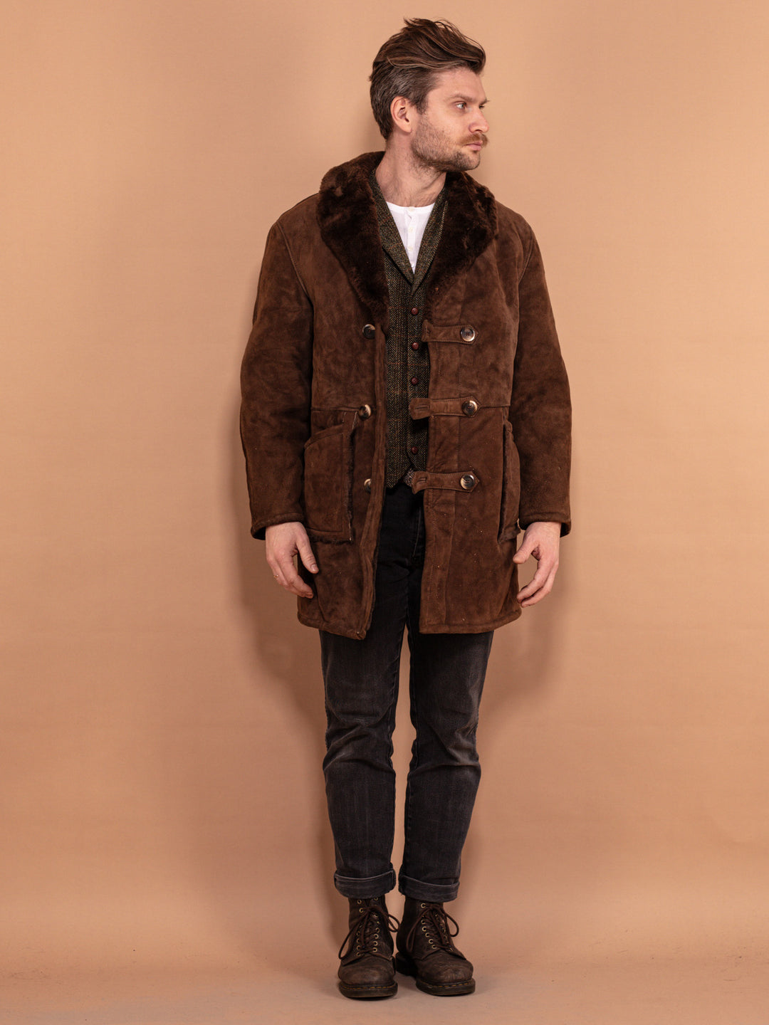 Vintage 70's Men Sheepskin Coat in Brown - NorthernGrip