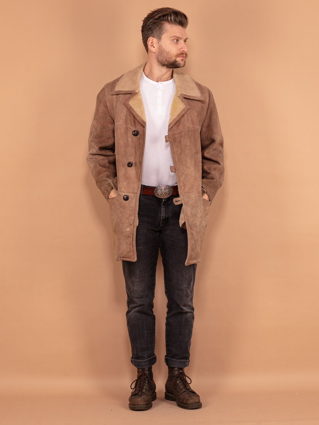Vintage 70's Men Sheepskin Coat in Dark Beige - NorthernGrip
