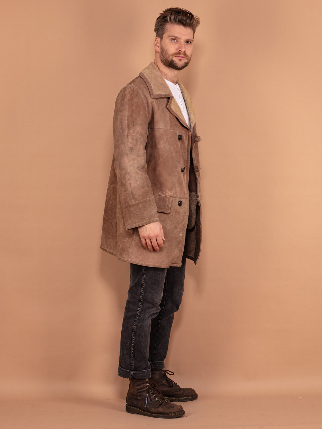 Vintage 70's Men Sheepskin Coat in Dark Beige - NorthernGrip
