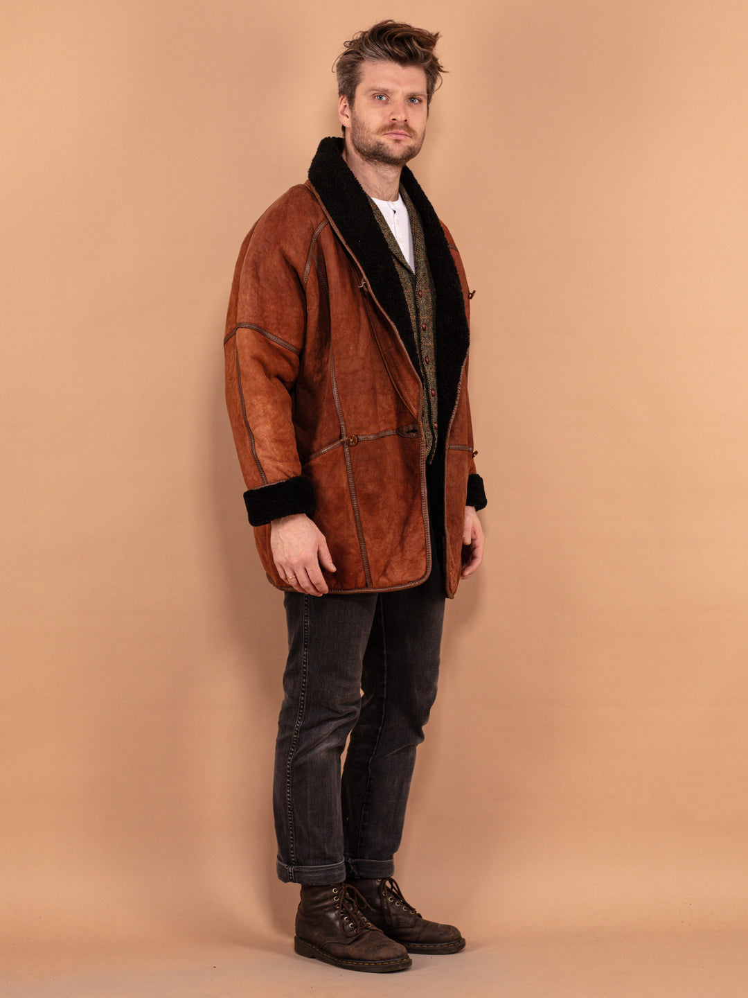 Vintage 80's Men Oversized Sheepskin Coat in Brown - NorthernGrip