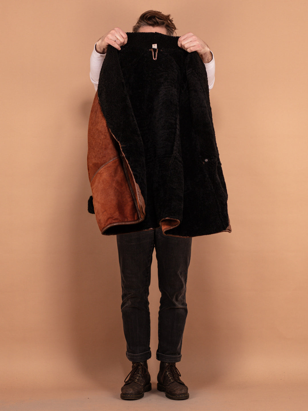 Vintage 80's Men Oversized Sheepskin Coat in Brown - NorthernGrip