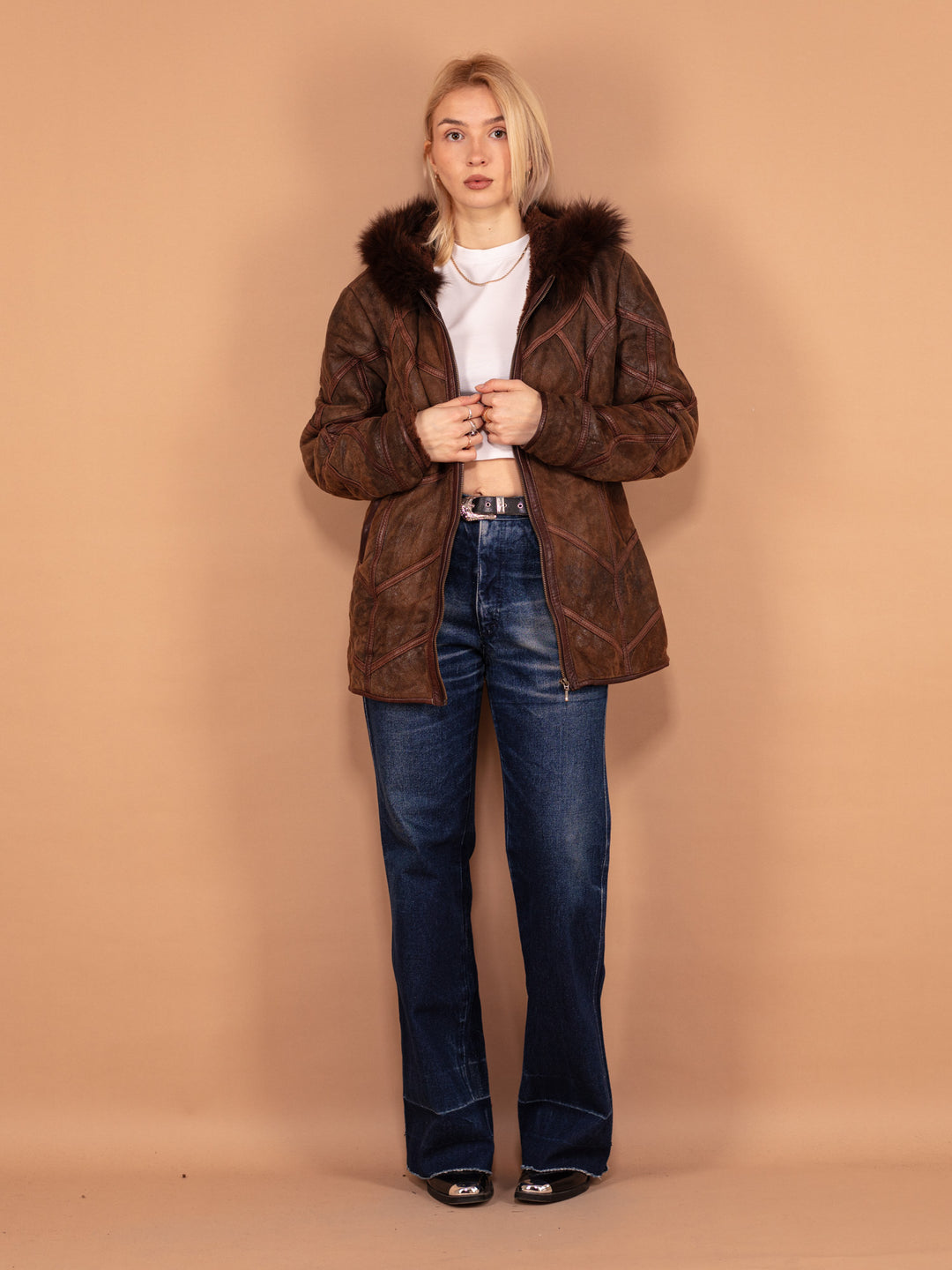 Vintage 90's Women Hooded Sheepskin Coat in Brown - NorthernGrip