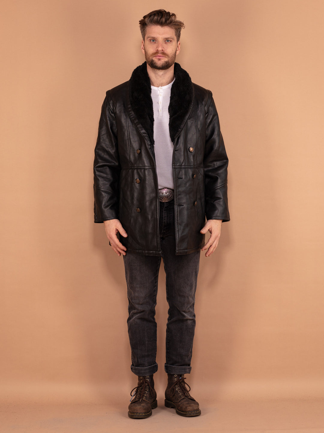 Vintage 90's Men Leather Sherpa Coat in Black - NorthernGrip