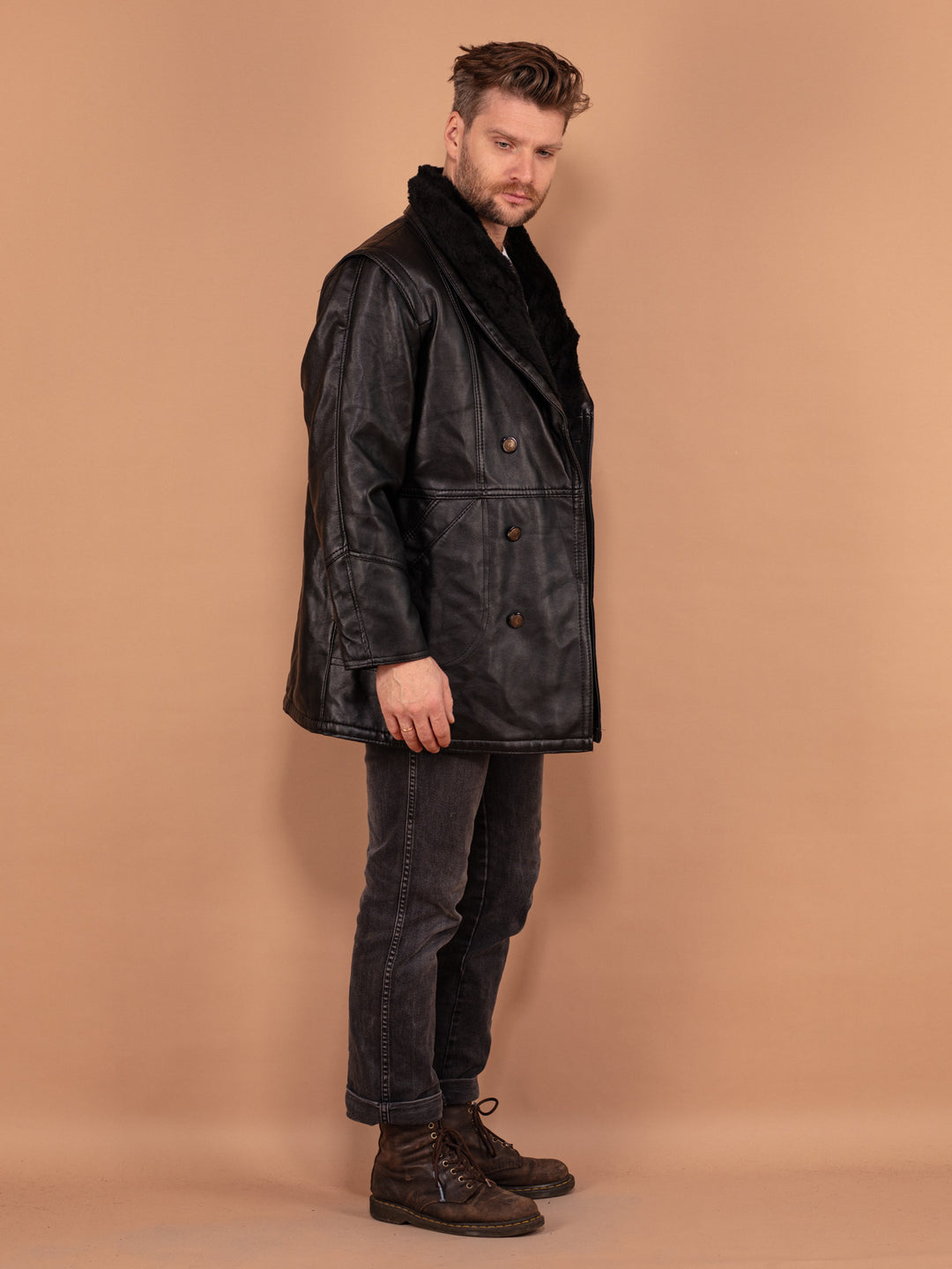 Vintage 90's Men Leather Sherpa Coat in Black - NorthernGrip