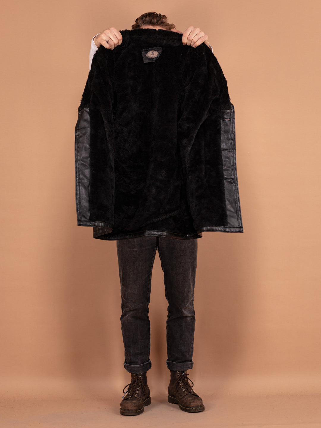 Vintage 90's Men Leather Sherpa Coat in Black - NorthernGrip