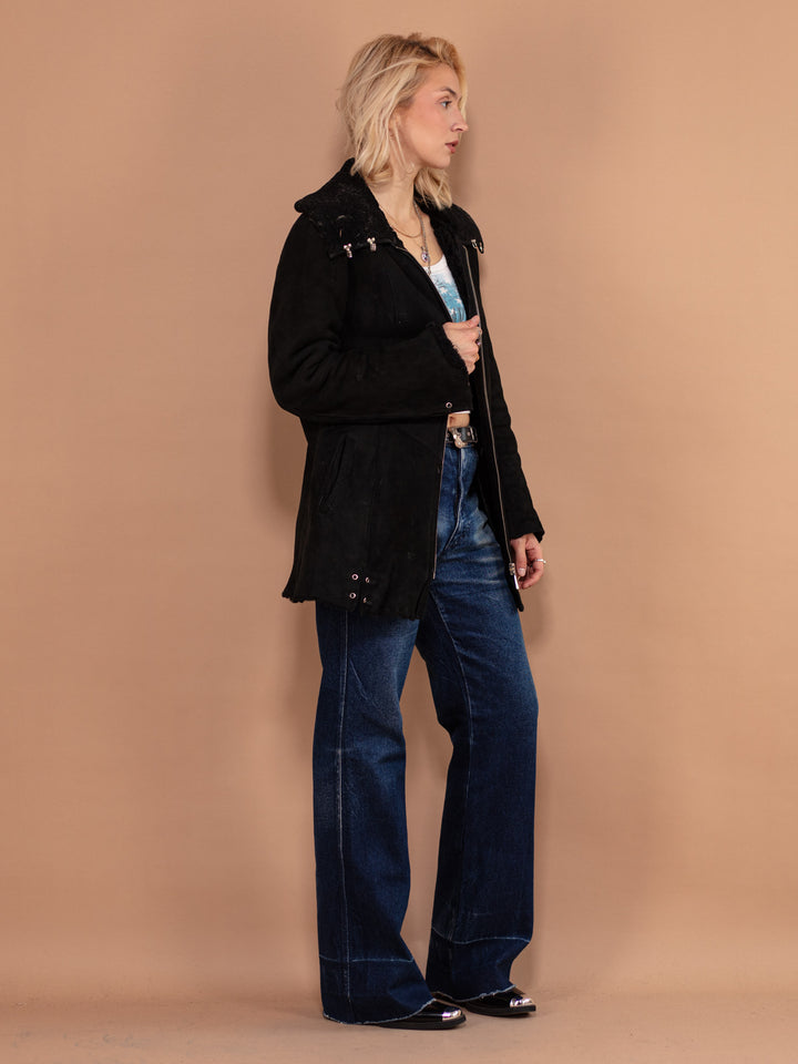 Vintage 90's Women Sheepskin Coat in Black - NorthernGrip