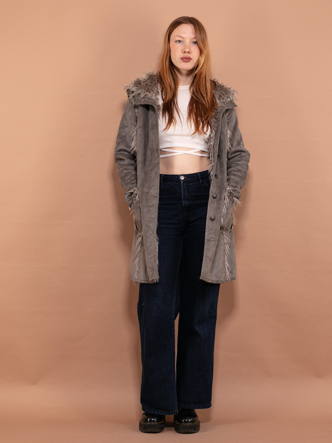 Vintage 90's Women Faux Penny Lane Coat in Gray - NorthernGrip
