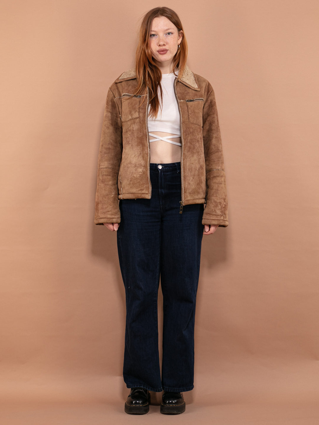 Vintage 90's Women Faux Sheepskin Jacket in Beige - NorthernGrip